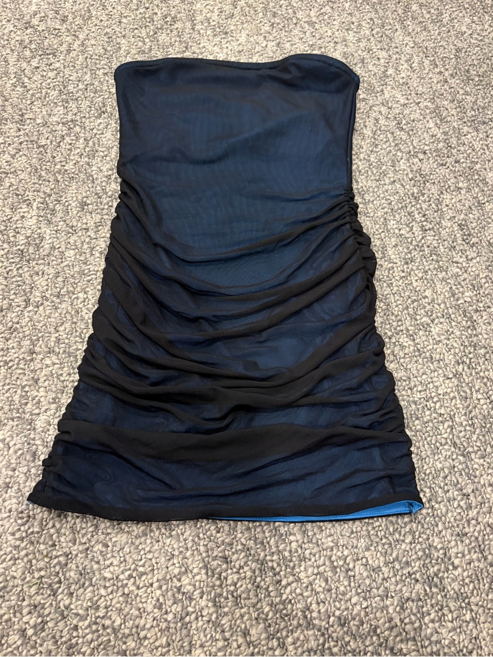 Theme Strapless Ruched Black Mesh Dress With Blue Lining